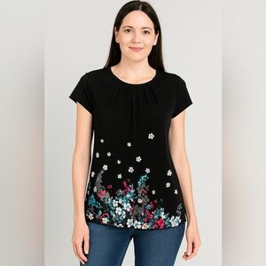 Elle Black Pleated Cap Sleeve Blouse with Mandarin Collar